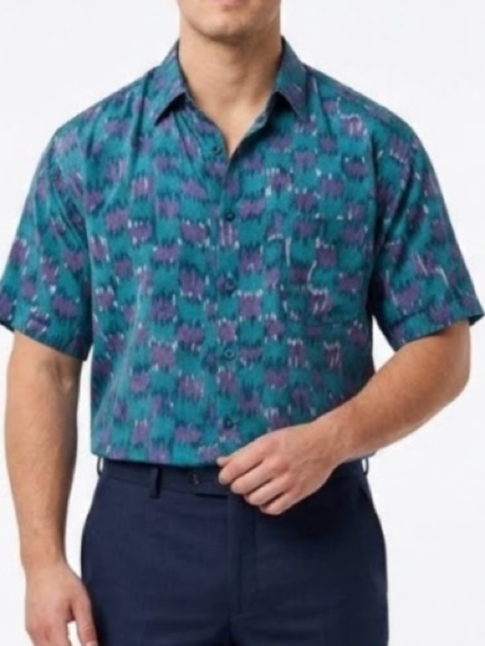 Vintage CEZAR 100% Silk Abstract Ikat
Button Down Shirt Teal Purple Retro 90’s